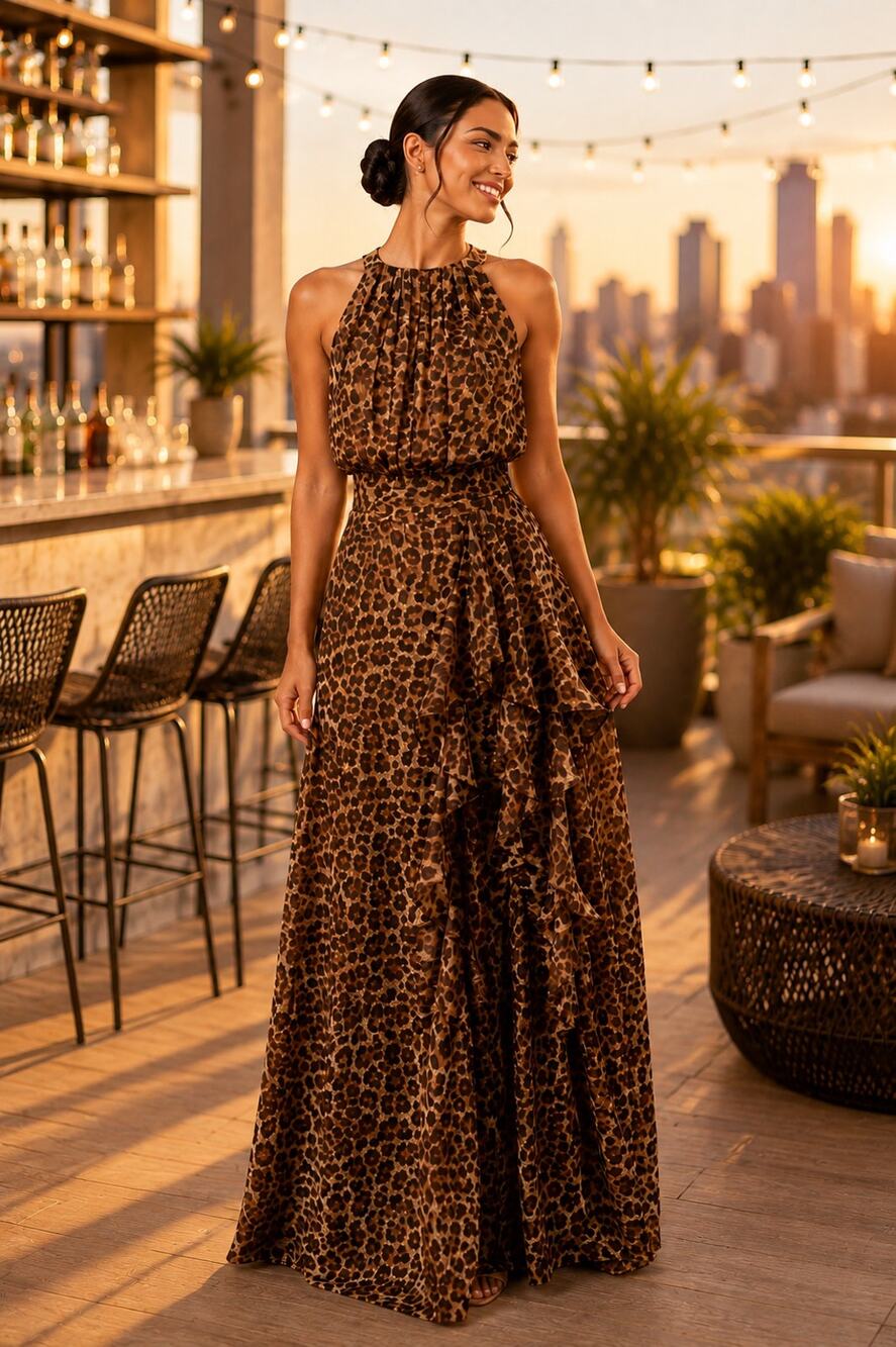 Betsy & Adam Leopard Animal Print Chiffon Halter Ruffle Maxi Gown NWT Size 8
